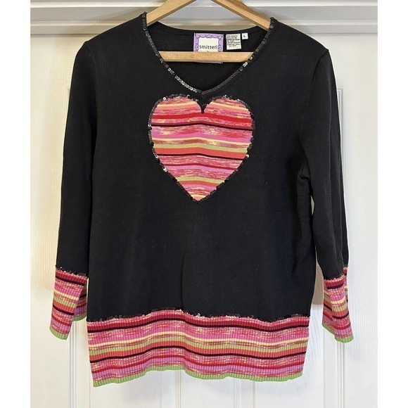 𝅺SMITTEN By Michael Simon Black Sweater Colorful Center Heart Womens Size Large - Picture 1 of 4